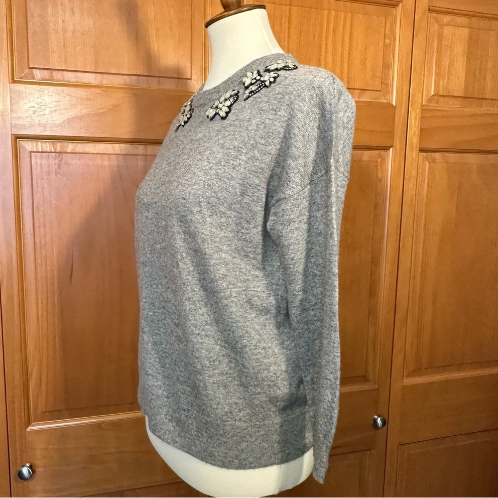 J Crew Women's Opal Embellished Crew Neck Sweater Top Gray EUC Size Small